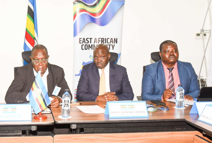 The EAC Deputy Secretary General in charge of the Infrastructure, Productive, Social and Political Sectors, Hon. Andrea Aguer Ariik Malueth (centre), with the Chairperson of the Session of Senior Officials, Capt. Subek David Dada (left) and Eng. Godfrey Enzama during the opening session of the 19th EAC Sectoral Council on Transport, Communications and Meteorology in Mombasa, Kenya.
